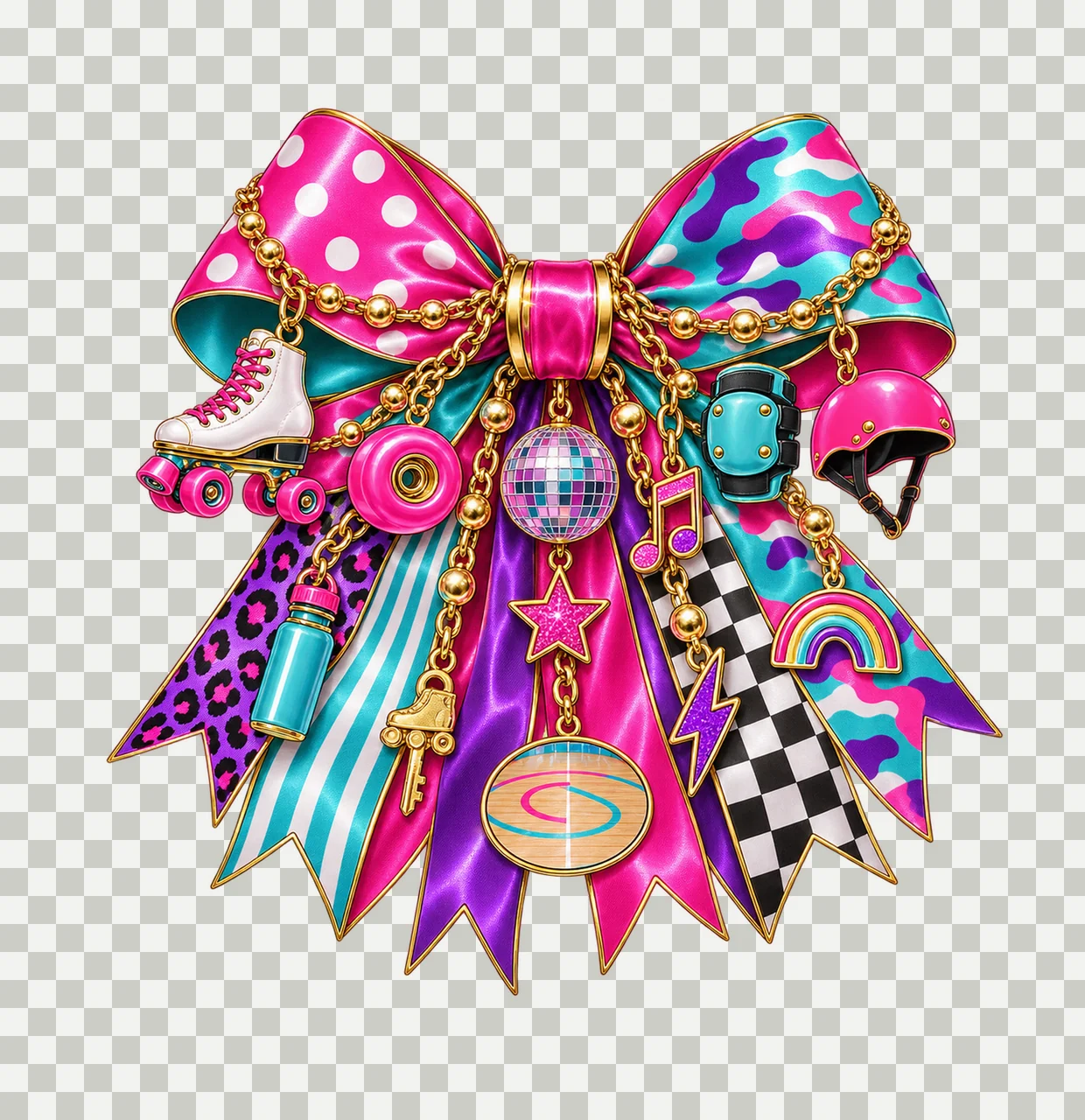 Roller Skater Bow Charm PNG, Themed Gold Chain Charms, Coquette Ribbon Sublimation Design, Transparent Digital Download transparency and detail preview thumbnail