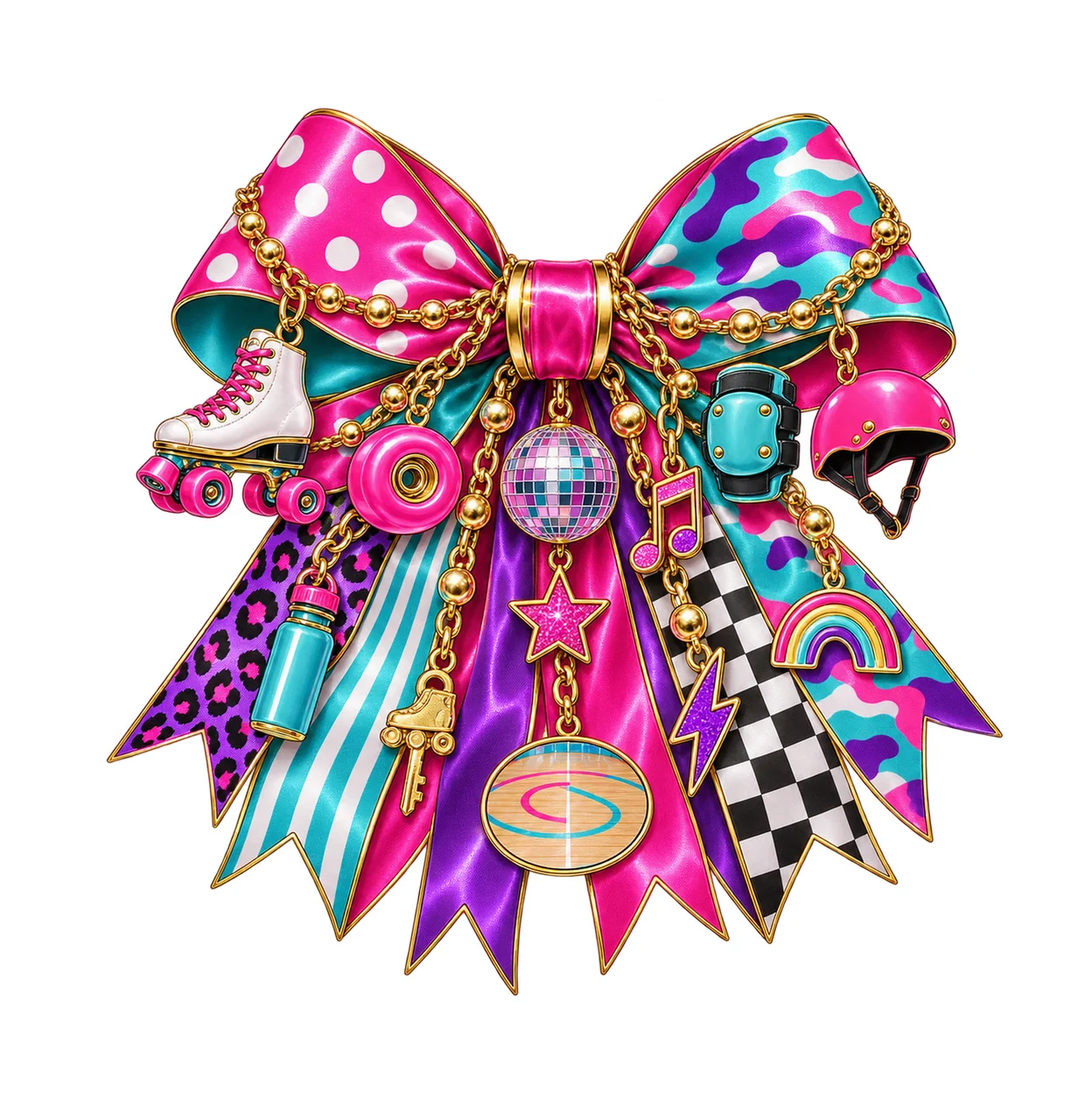 Roller Skater Bow Charm PNG, Themed Gold Chain Charms, Coquette Ribbon Sublimation Design, Transparent Digital Download