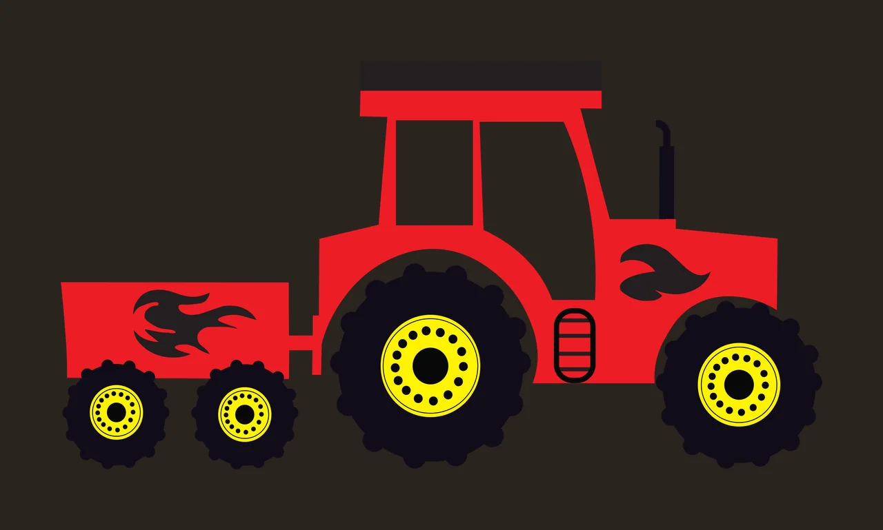 Red tractor with trailer Illustration with flame decals, wheels, exhaust pipe and cab roof in black and yellow contrast preview thumbnail