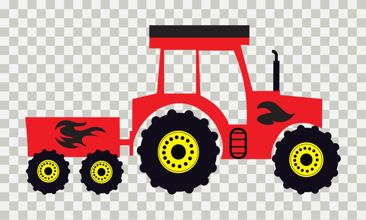 Red tractor with trailer Illustration with flame decals, wheels, exhaust pipe and cab roof in black and yellow transparency and detail preview thumbnail