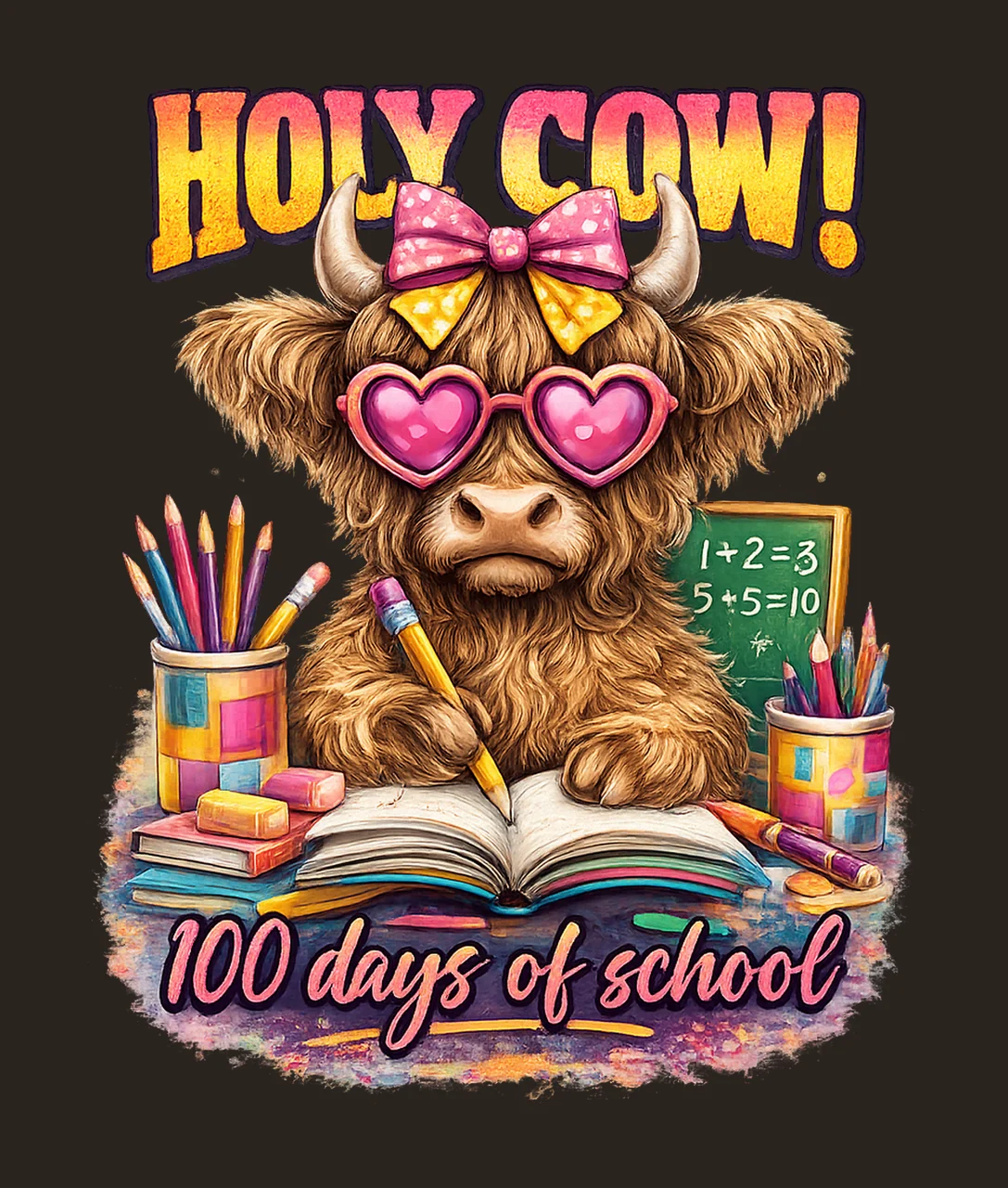Holy Cow 100 Days Of School Cute Highland Cow Design Happy contrast preview thumbnail