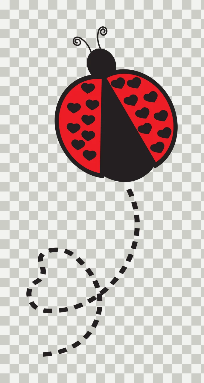 Flat Cartoon Illustration of Ladybug with heart-patterned wings and dashed heart trail with red ladybug, black heart-shaped spots, black antennae and dashed black line in white transparency and detail preview thumbnail