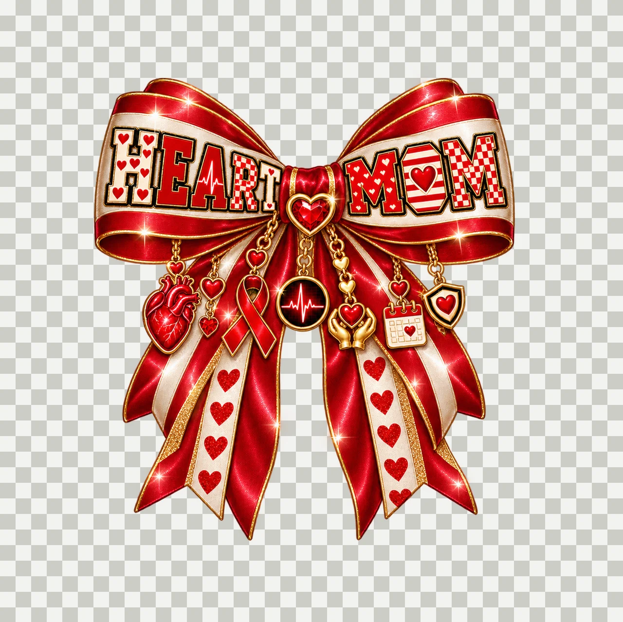 Heart Mom Bow Charm PNG, Patterned Varsity Mom Ribbon Clipart, Transparent Sublimation Digital Download transparency and detail preview thumbnail