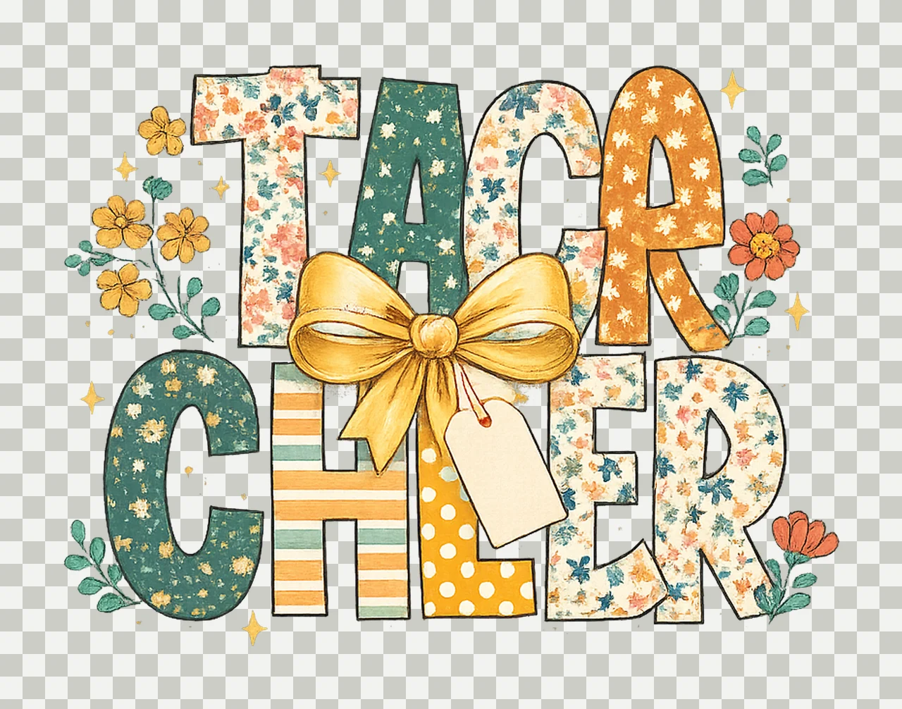 Boho Teacher Floral Design Pencil Bow Custom Name Tag Back transparency and detail preview thumbnail