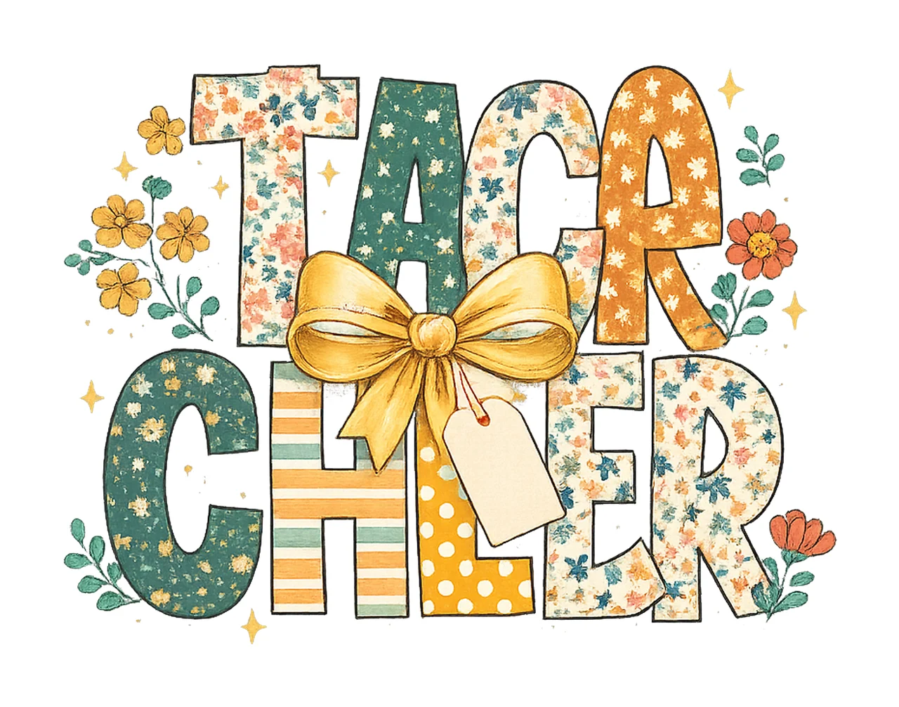 Boho Teacher Floral Design Pencil Bow Custom Name Tag Back