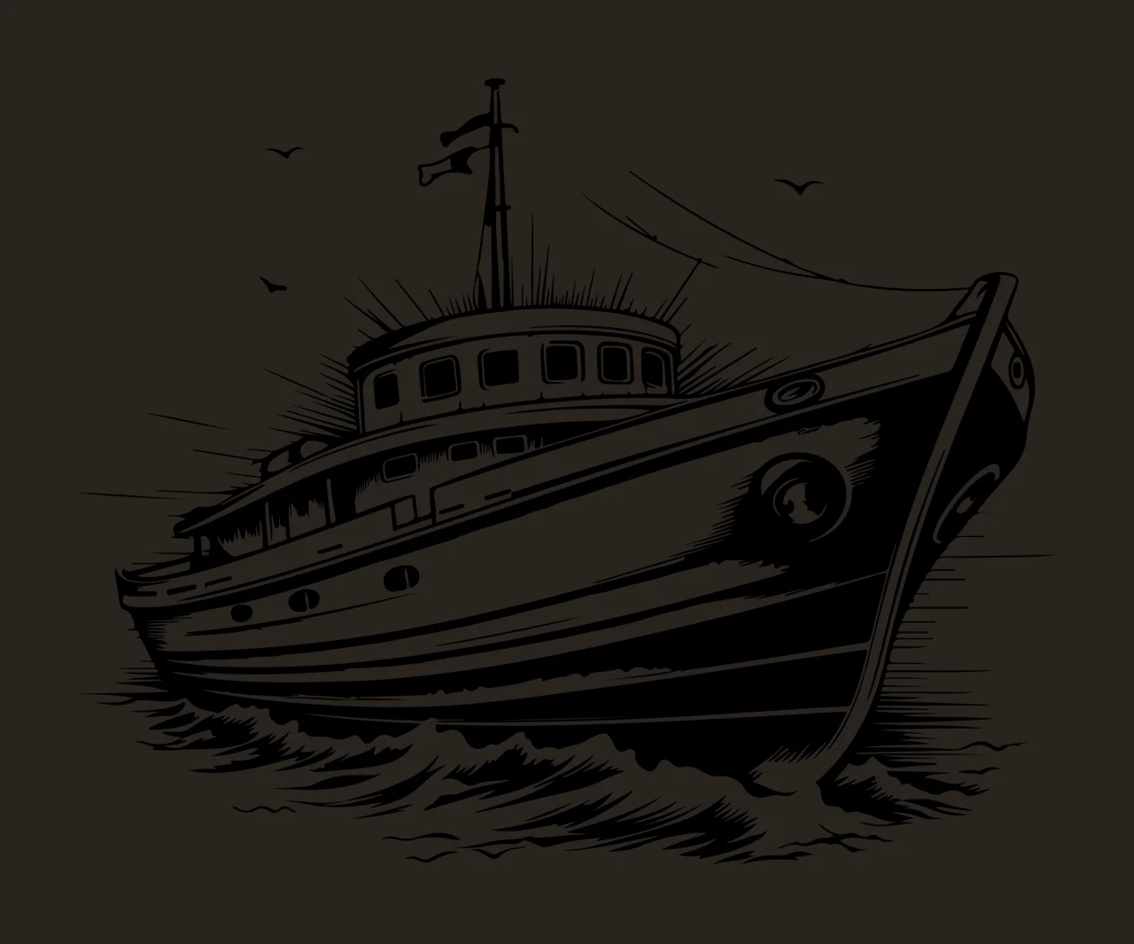 Ship Line Art Motor Yacht On Water sailing boat birds black contrast preview thumbnail