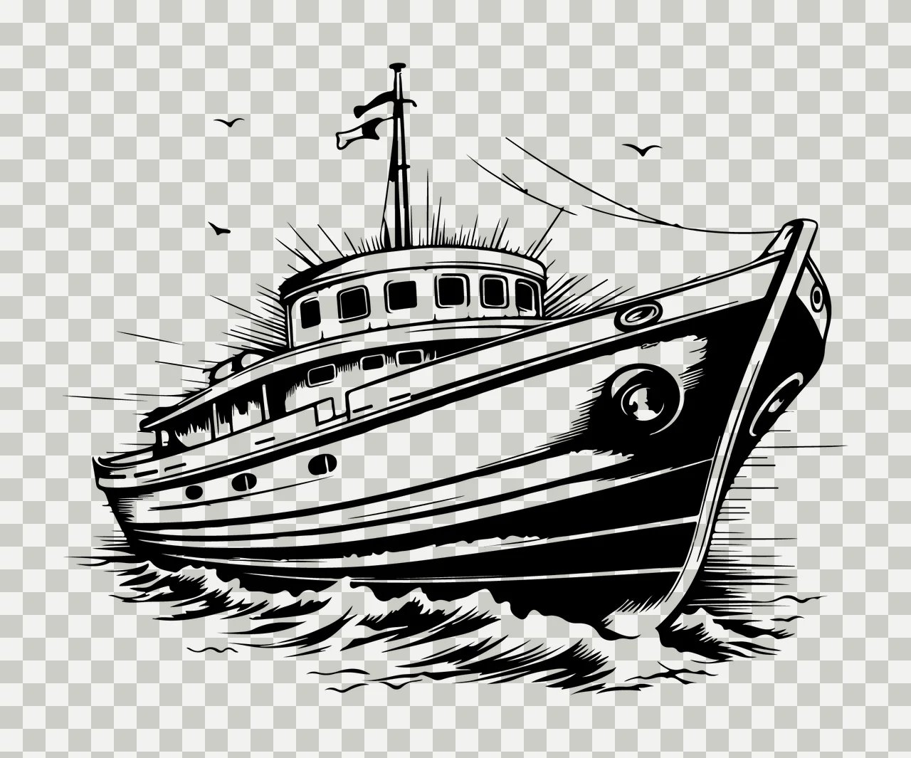 Ship Line Art Motor Yacht On Water sailing boat birds black transparency and detail preview thumbnail
