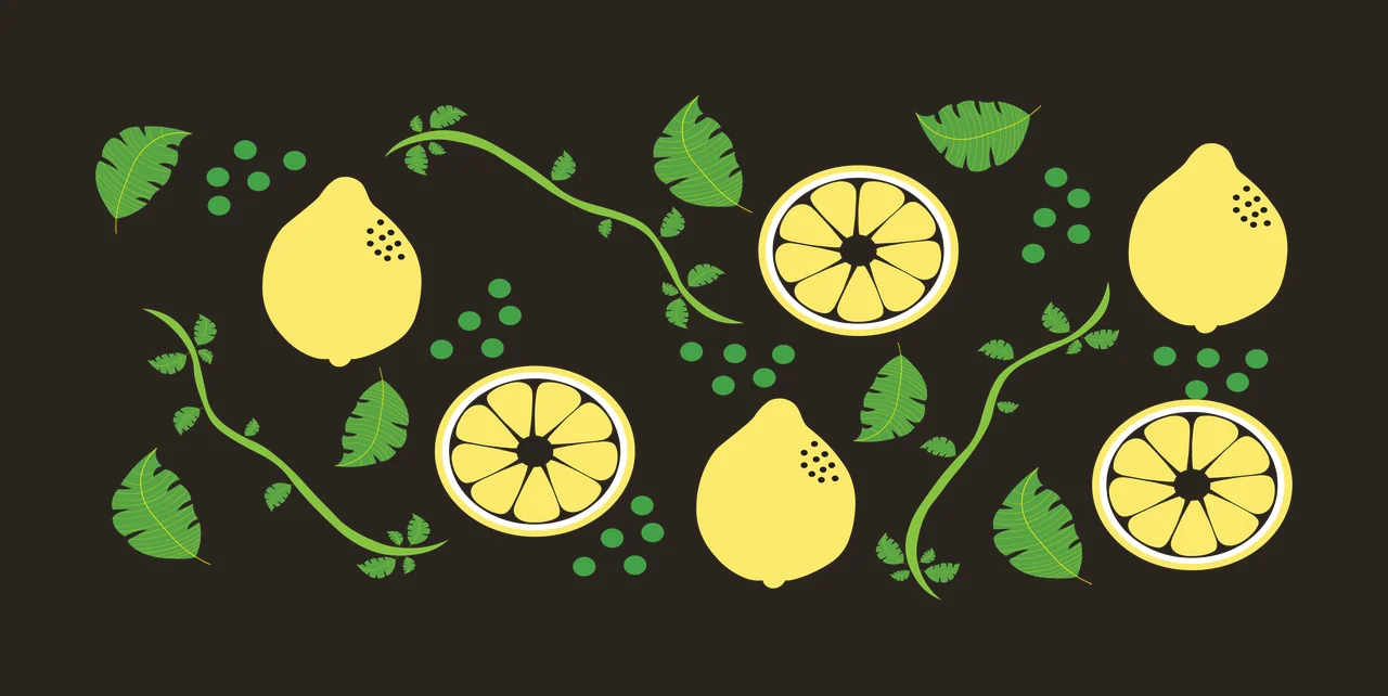 Lemons and tropical leaves pattern Illustration with whole yellow lemons, lemon slices, green vines and green dots in white contrast preview thumbnail