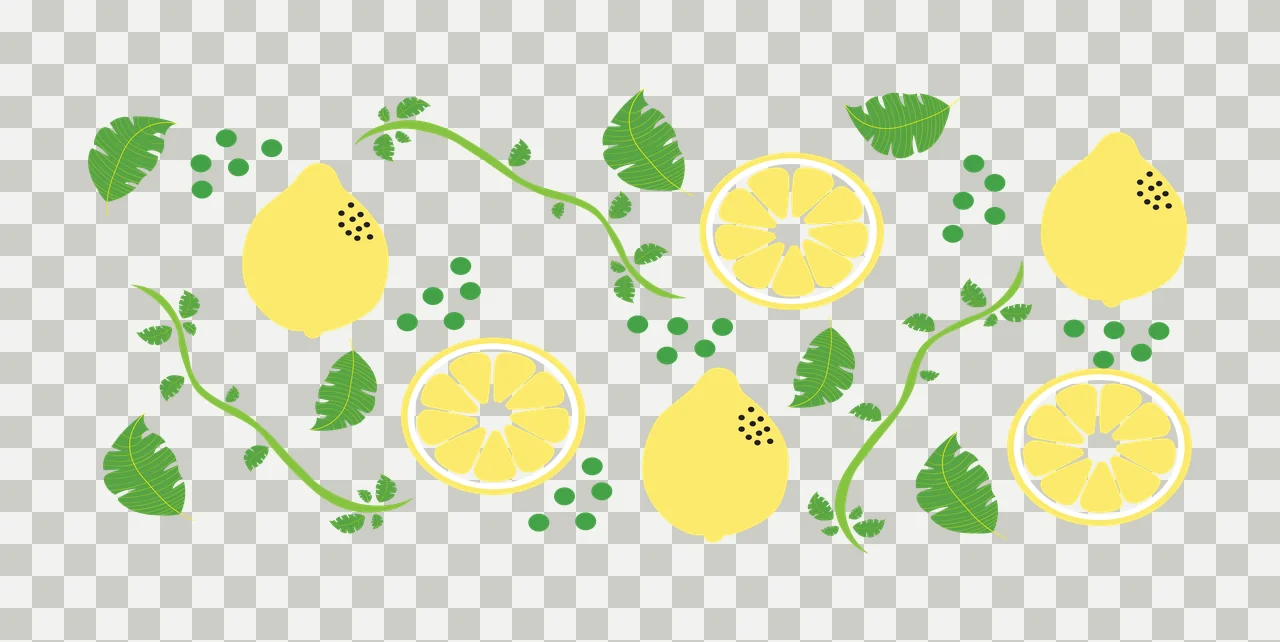 Lemons and tropical leaves pattern Illustration with whole yellow lemons, lemon slices, green vines and green dots in white transparency and detail preview thumbnail
