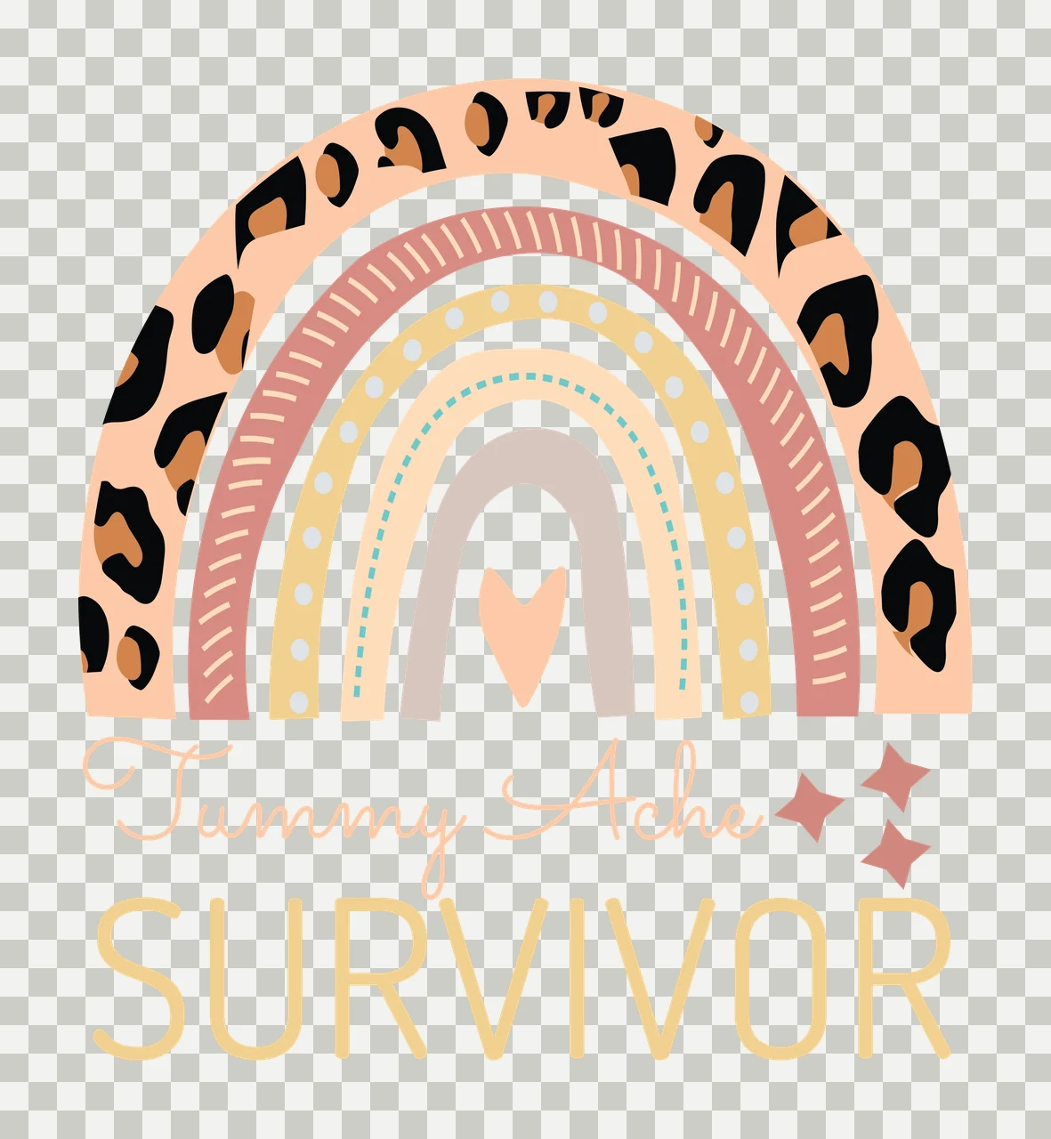 Tummy Ache SURVIVOR Typography Design with leopard print arch, multi-layered rainbow, pink heart and two pink stars in peach, black and brown transparency and detail preview thumbnail