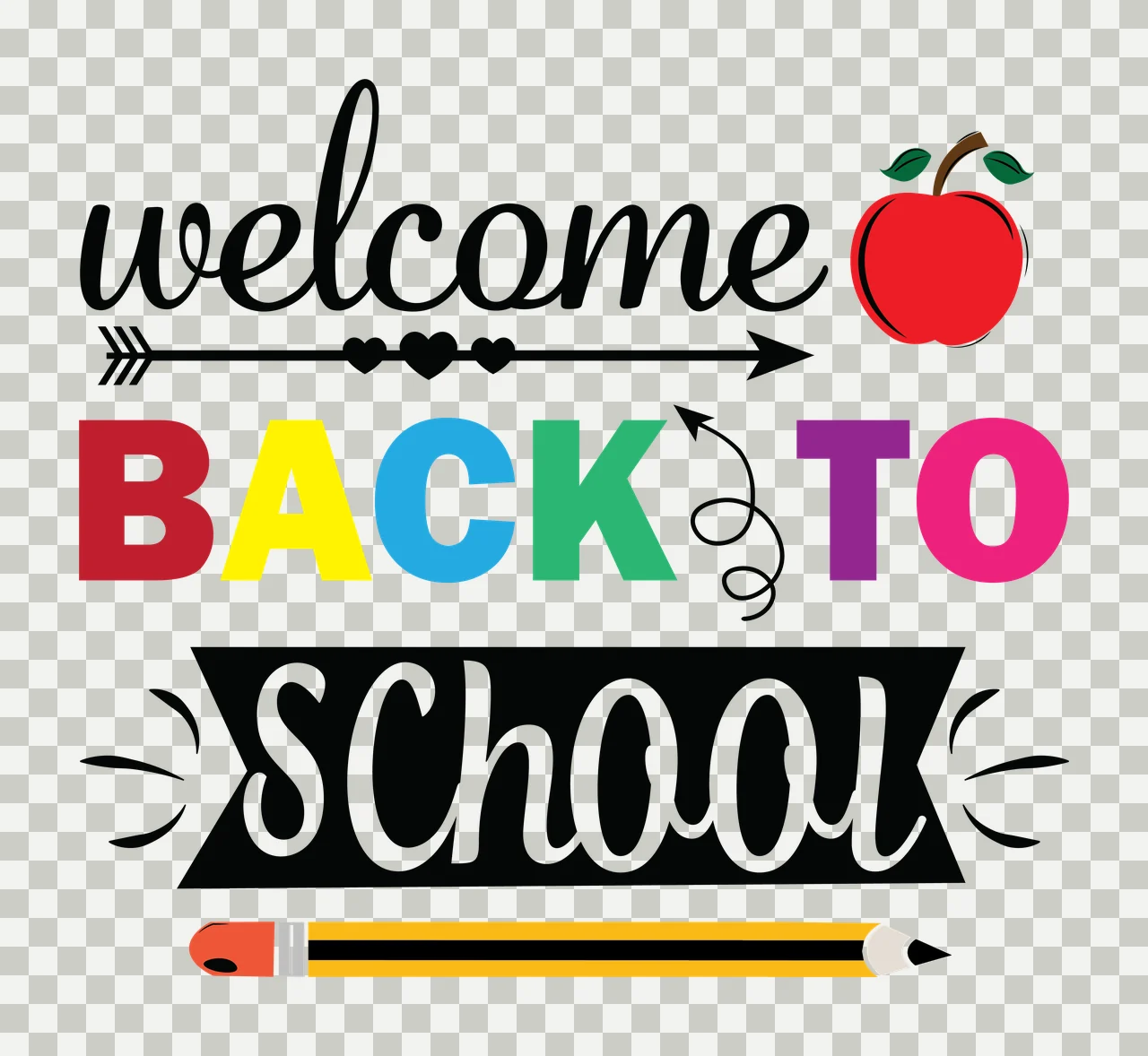 Apple Welcome Back To School Pencil Design text arrow hearts transparency and detail preview thumbnail