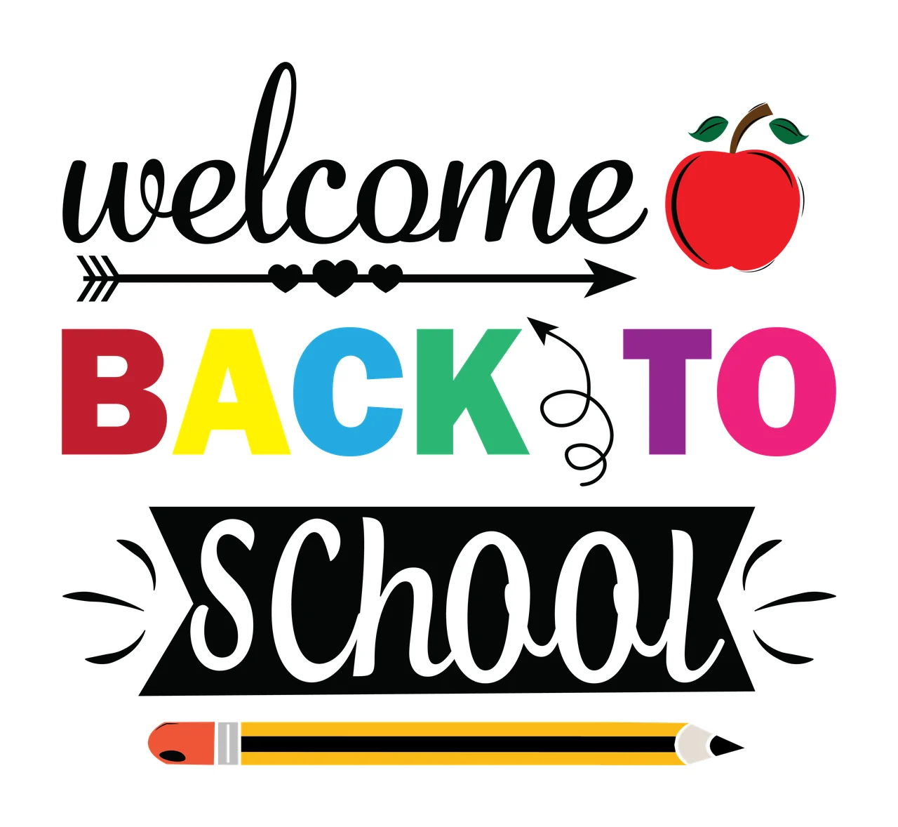 Apple Welcome Back To School Pencil Design text arrow hearts
