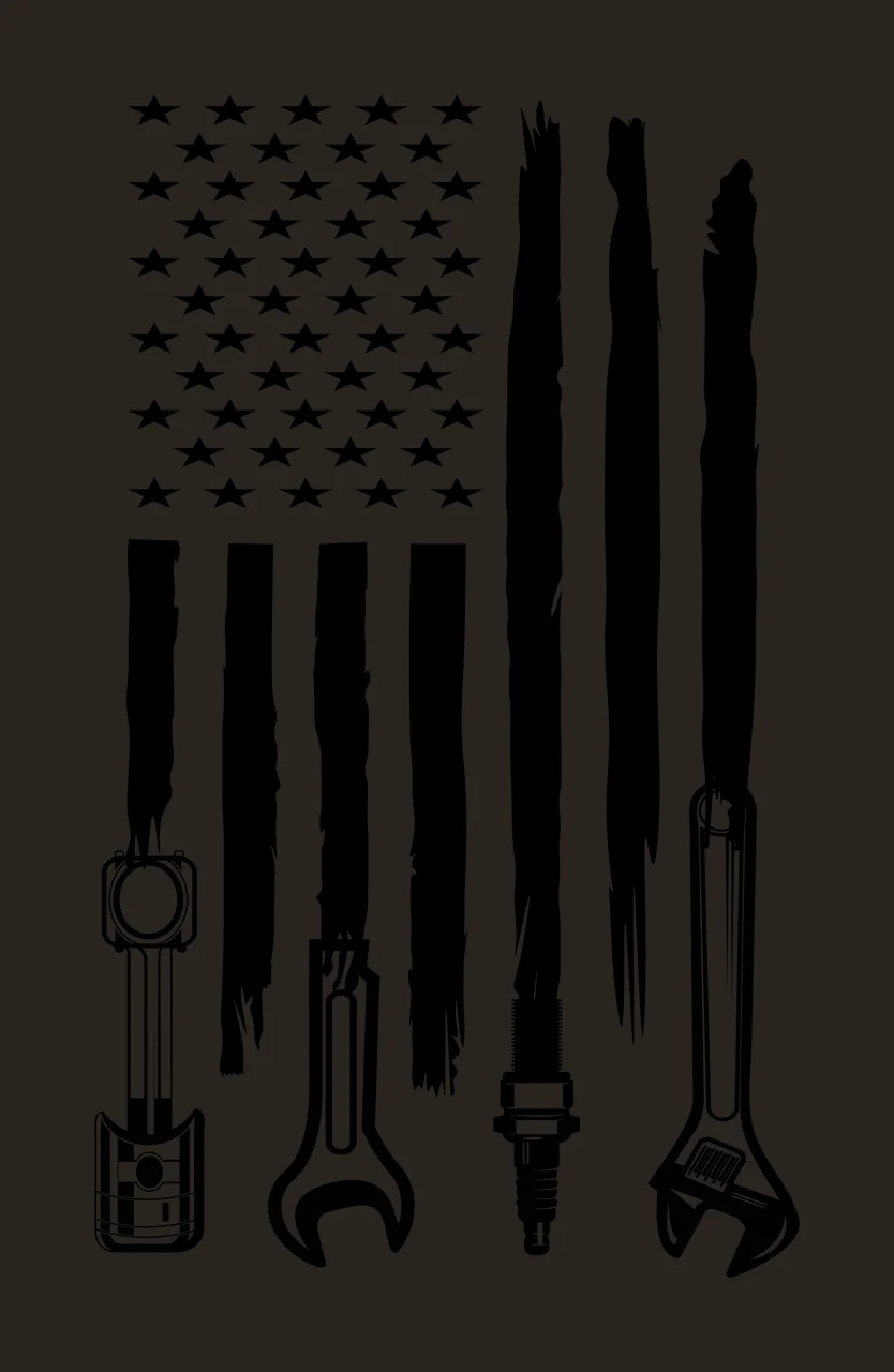 American flag mechanic design with stars, distressed stripes, piston and open-end wrench in black and white contrast preview thumbnail