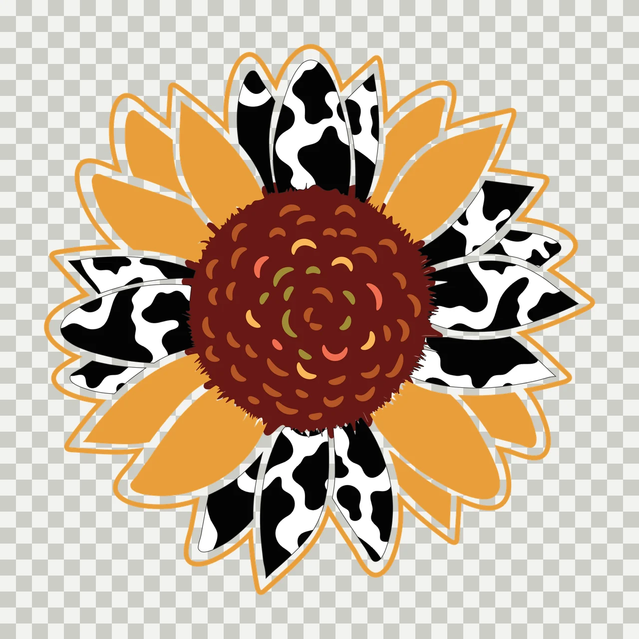 Sunflower head Illustration with cow print petals, yellow petals, textured brown center and white outline in orange transparency and detail preview thumbnail
