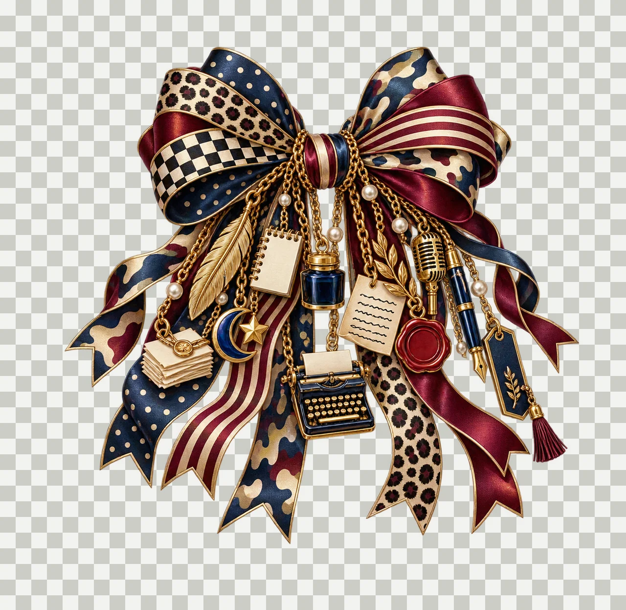 Poet Bow Charm PNG, Themed Gold Chain Charms, Coquette Ribbon Sublimation Design, Transparent Digital Download transparency and detail preview thumbnail