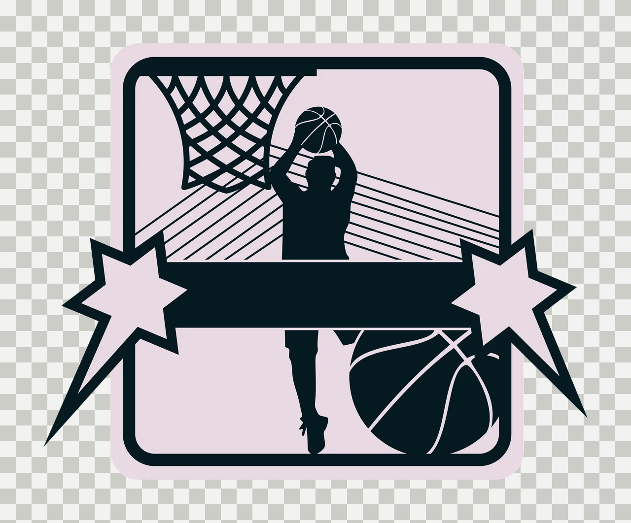 Basketball player silhouette Illustration with basketball hoop, stars, blank banner and court lines in black, light pink and white transparency and detail preview thumbnail