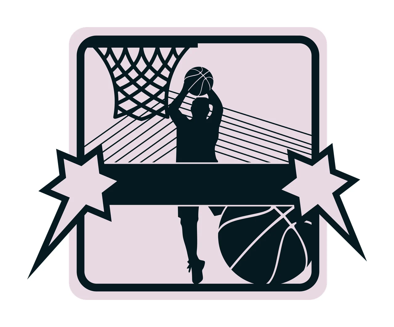 Basketball player silhouette Illustration with basketball hoop, stars, blank banner and court lines in black, light pink and white