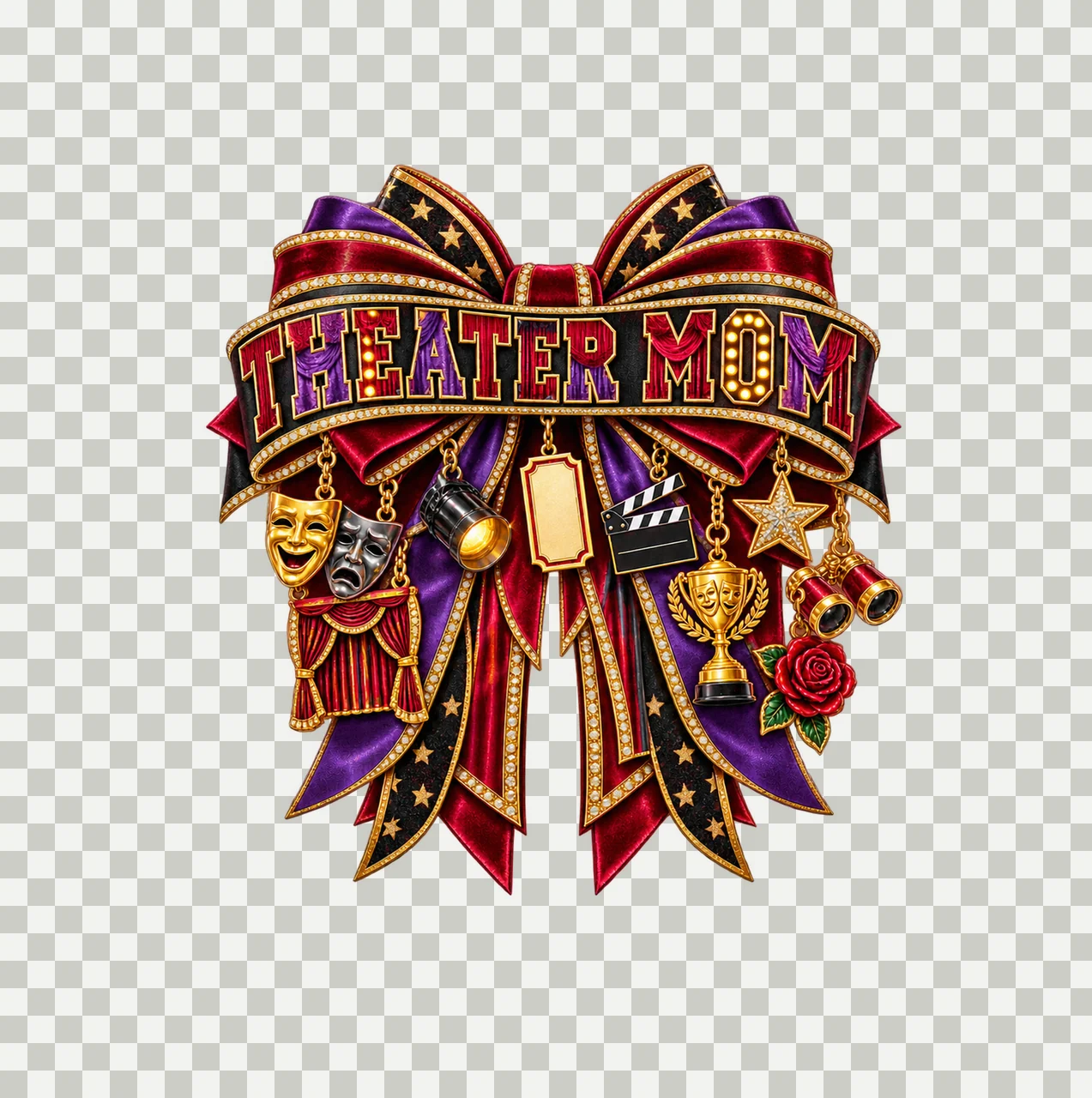 Theater Mom Bow Charm PNG, Patterned Varsity Mom Ribbon Clipart, Transparent Sublimation Digital Download transparency and detail preview thumbnail