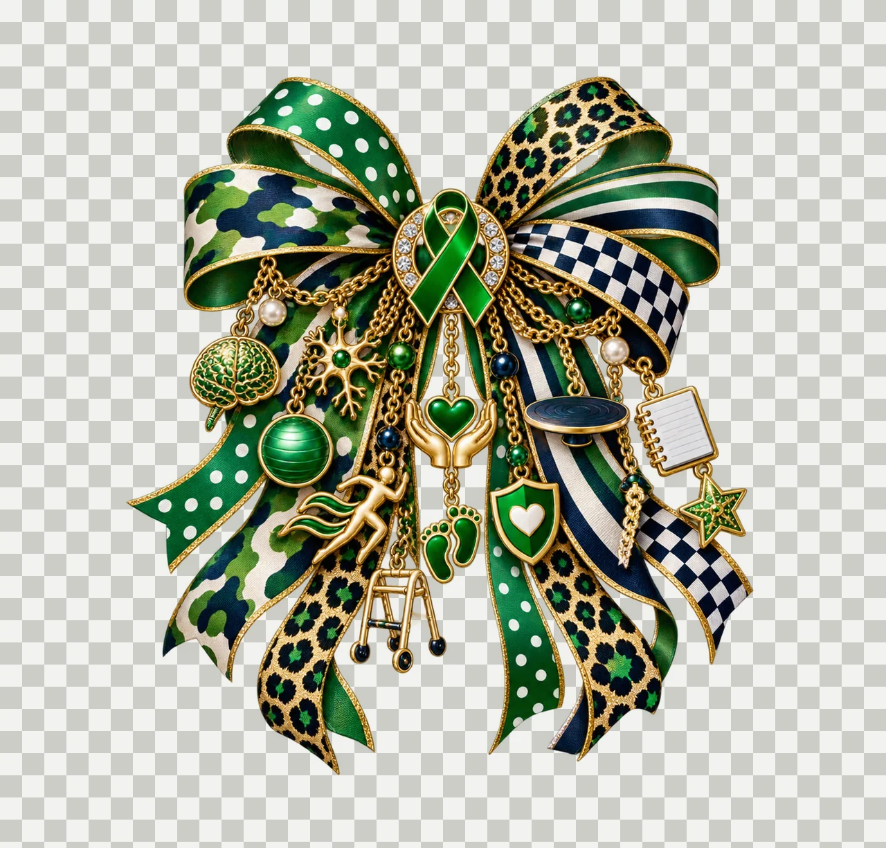 Cerebral Palsy Awareness Bow Charm PNG, Themed Gold Chain Charms, Coquette Ribbon Sublimation Design, Transparent Digital Download transparency and detail preview thumbnail