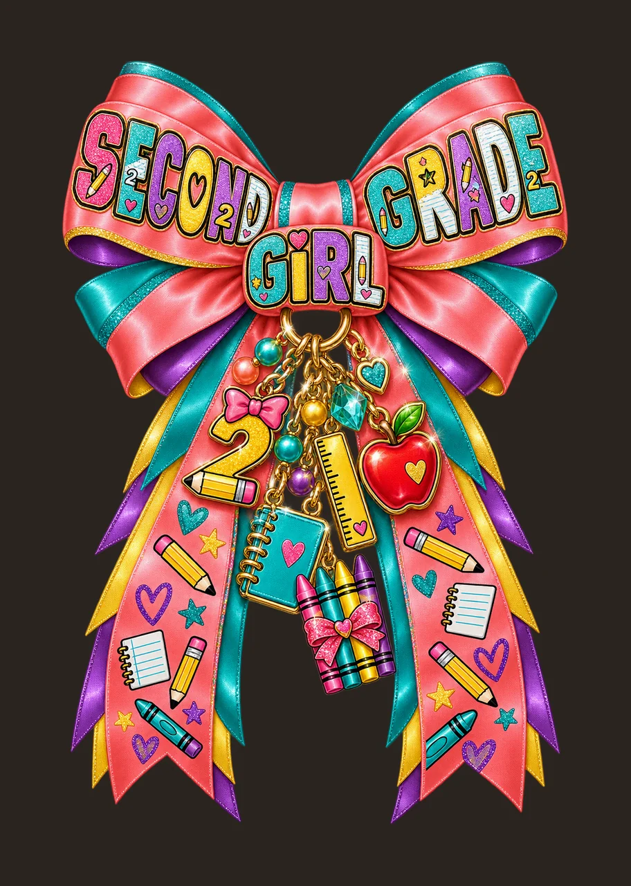 Second Grade Girl Bow Charm PNG, Coquette Ribbon Sublimation, Transparent Digital Download contrast preview thumbnail