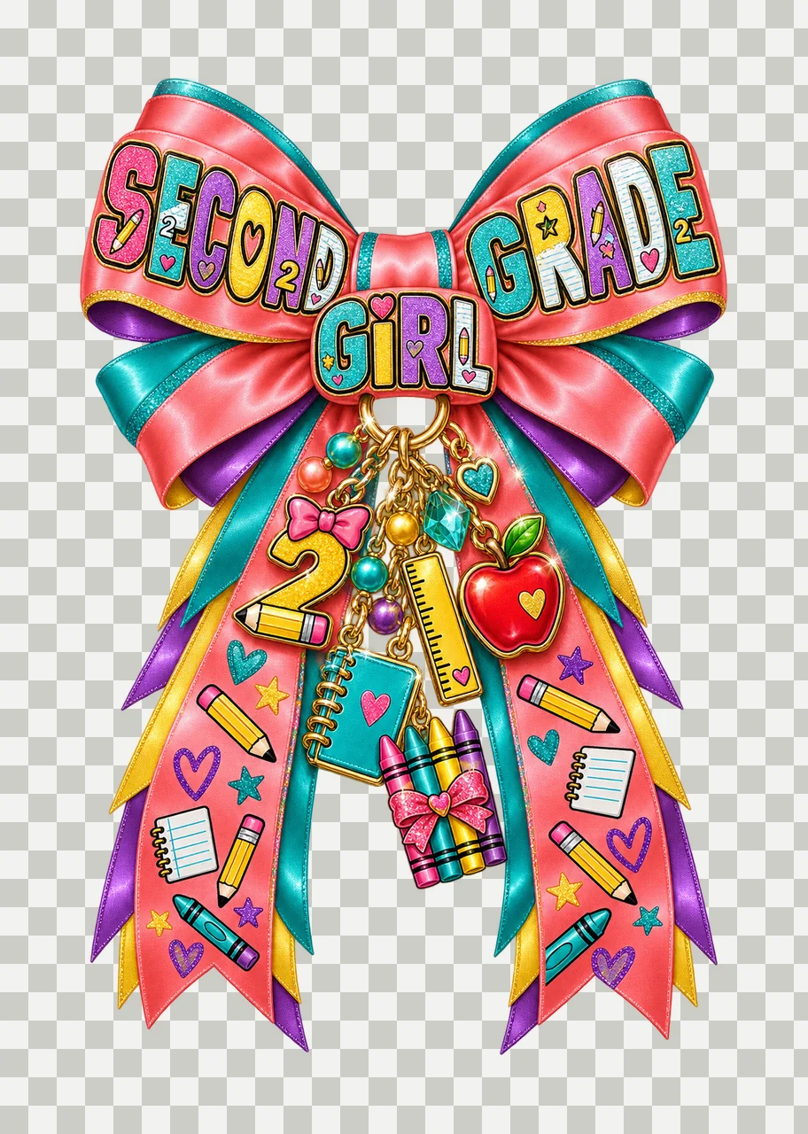 Second Grade Girl Bow Charm PNG, Coquette Ribbon Sublimation, Transparent Digital Download transparency and detail preview thumbnail