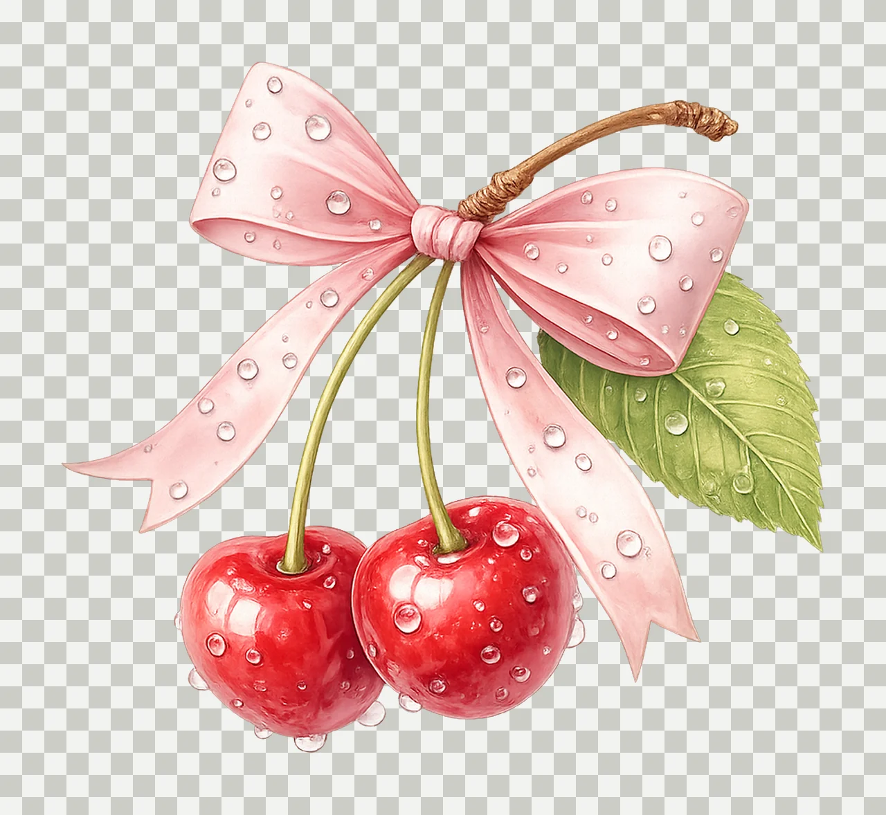 Watercolor Cherry Bow Artwork Coquette Pink Ribbon Design transparency and detail preview thumbnail