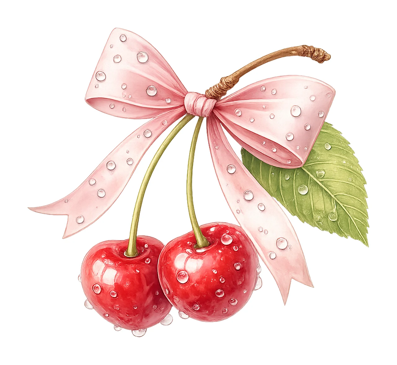 Watercolor Cherry Bow Artwork Coquette Pink Ribbon Design