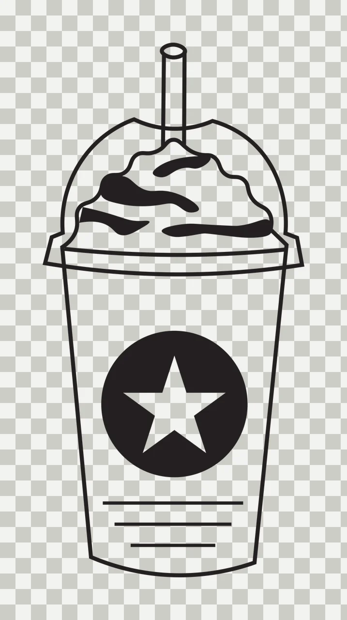 Line Art Illustration of Iced beverage cup with star logo with black star in circle, whipped topping, straw and three horizontal lines in white transparency and detail preview thumbnail