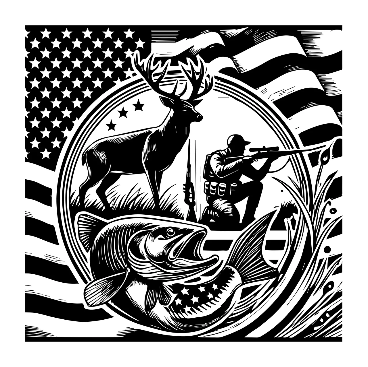 Hunting Fishing Scene With Deer And Flag hunter fish stars