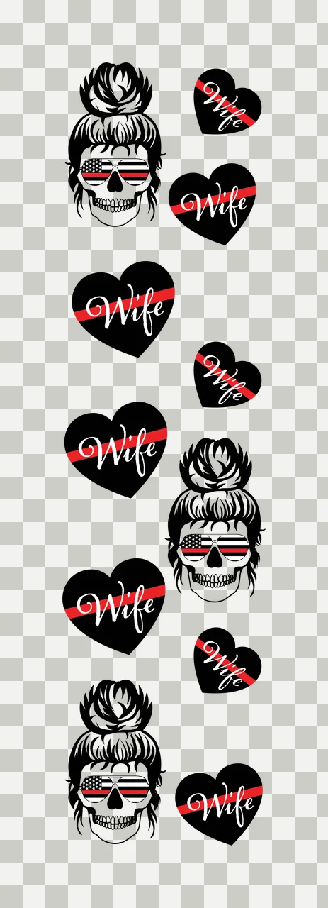 Wife Typography Design with black heart, red stripe, white cursive 'Wife' and skull transparency and detail preview thumbnail