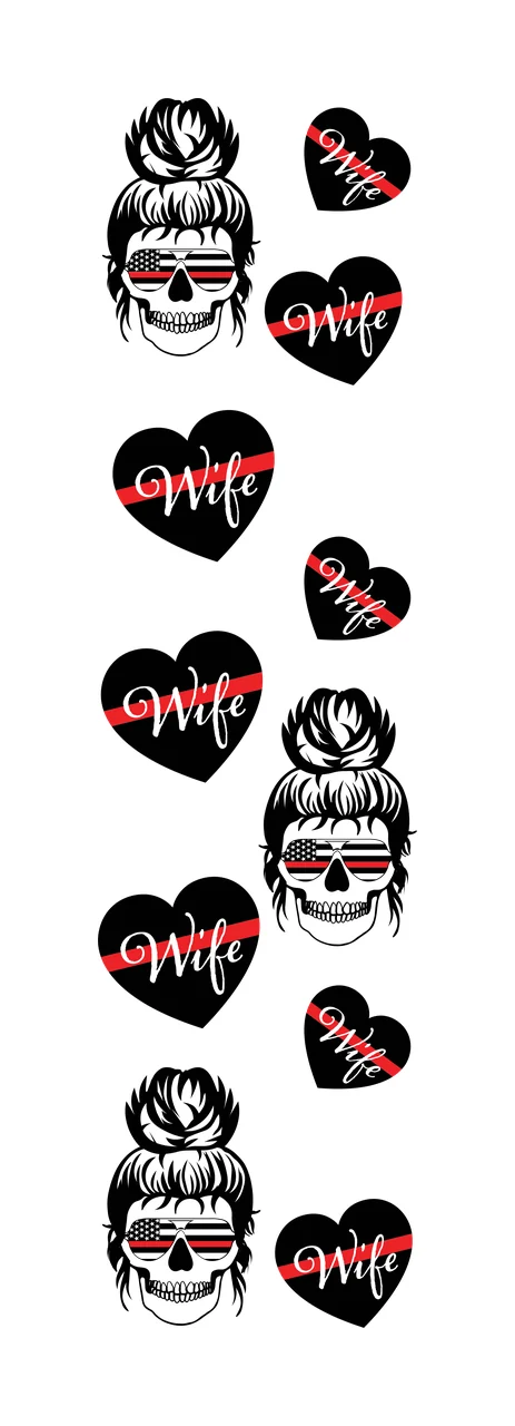 Wife Typography Design with black heart, red stripe, white cursive 'Wife' and skull