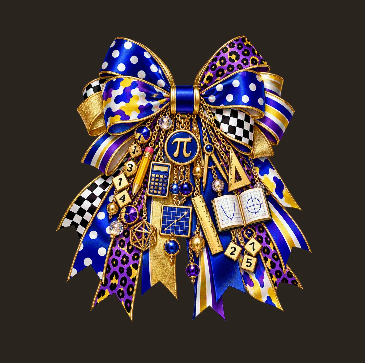 Pi Math Teacher Bow Charm PNG, Themed Gold Chain Charms, Coquette Ribbon Sublimation Design, Transparent Digital Download contrast preview thumbnail