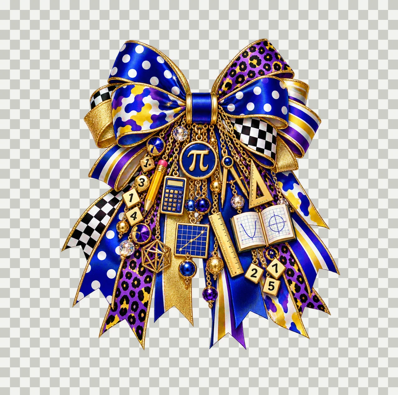 Pi Math Teacher Bow Charm PNG, Themed Gold Chain Charms, Coquette Ribbon Sublimation Design, Transparent Digital Download transparency and detail preview thumbnail
