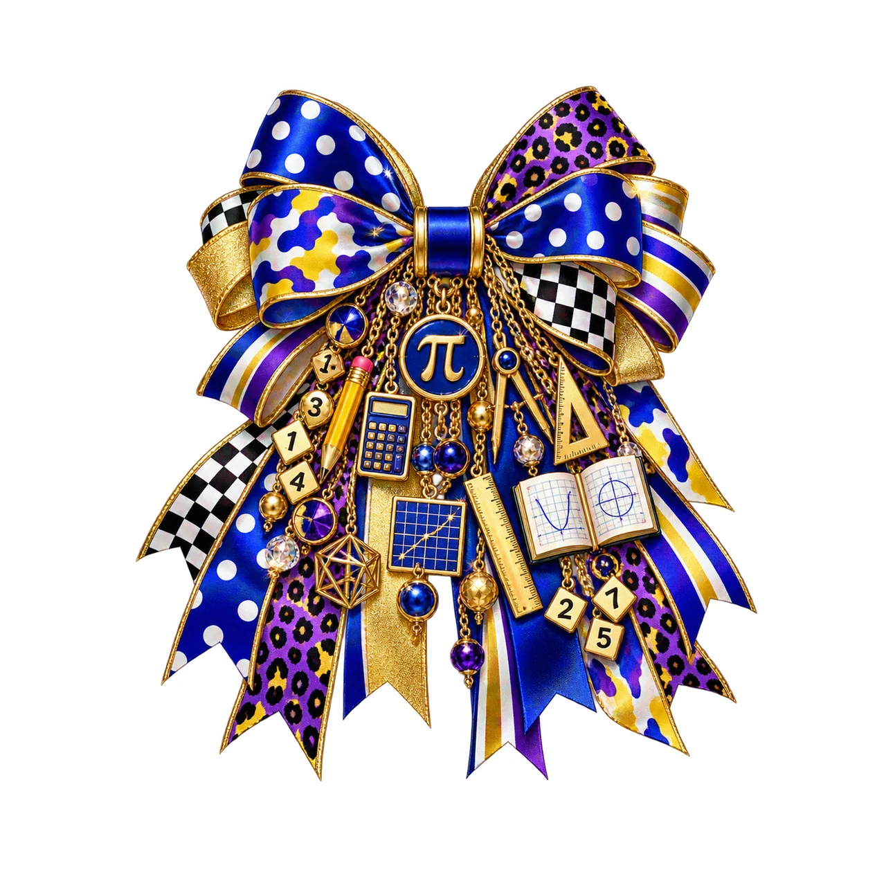 Pi Math Teacher Bow Charm PNG, Themed Gold Chain Charms, Coquette Ribbon Sublimation Design, Transparent Digital Download