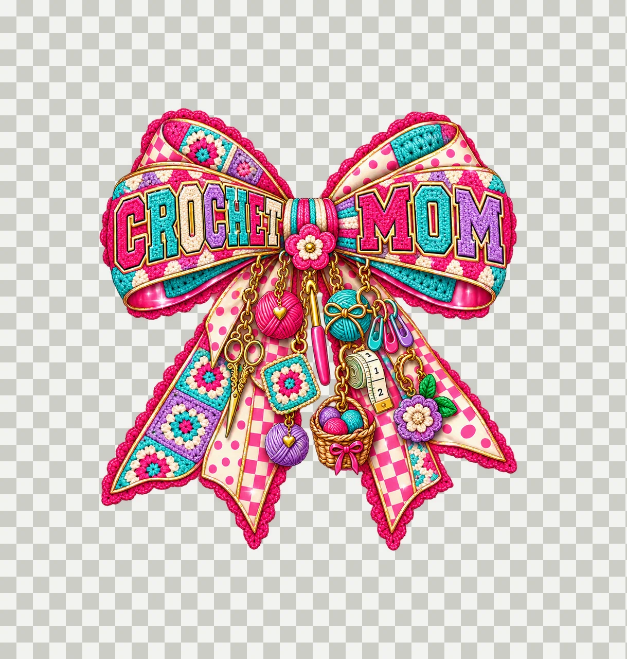 Crochet Mom Bow Charm PNG, Patterned Varsity Mom Ribbon Clipart, Transparent Sublimation Digital Download transparency and detail preview thumbnail