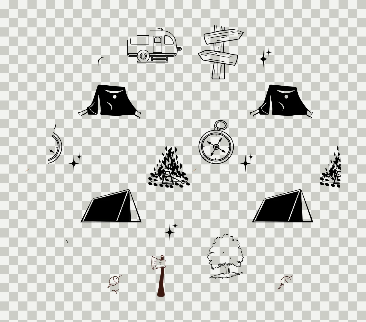 Keychain Camping Icons Pattern Circle Frame arranged tent camper transparency and detail preview thumbnail