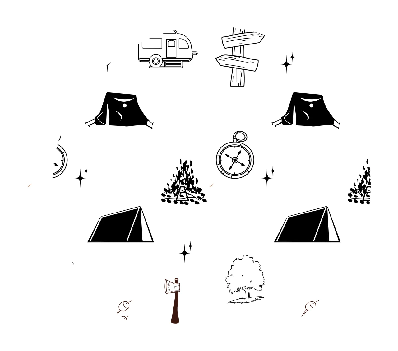Keychain Camping Icons Pattern Circle Frame arranged tent camper