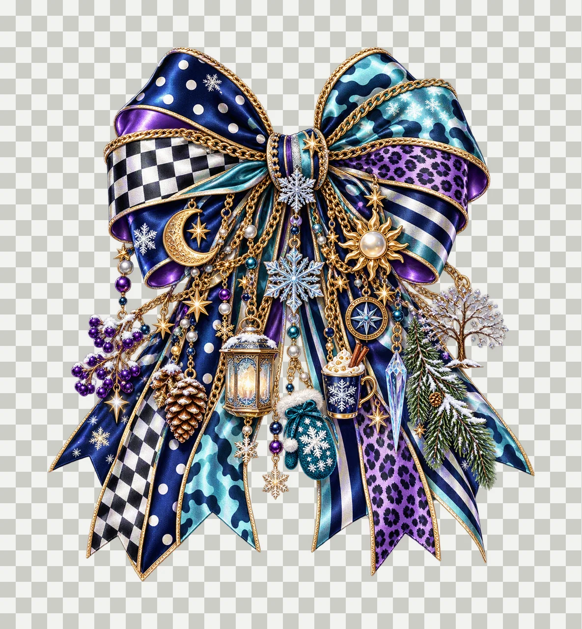 Winter Solstice Bow Charm PNG, Moon Sun Snowflake Tree and Lantern Charms, Secular Winter Sublimation Design, Transparent Download transparency and detail preview thumbnail