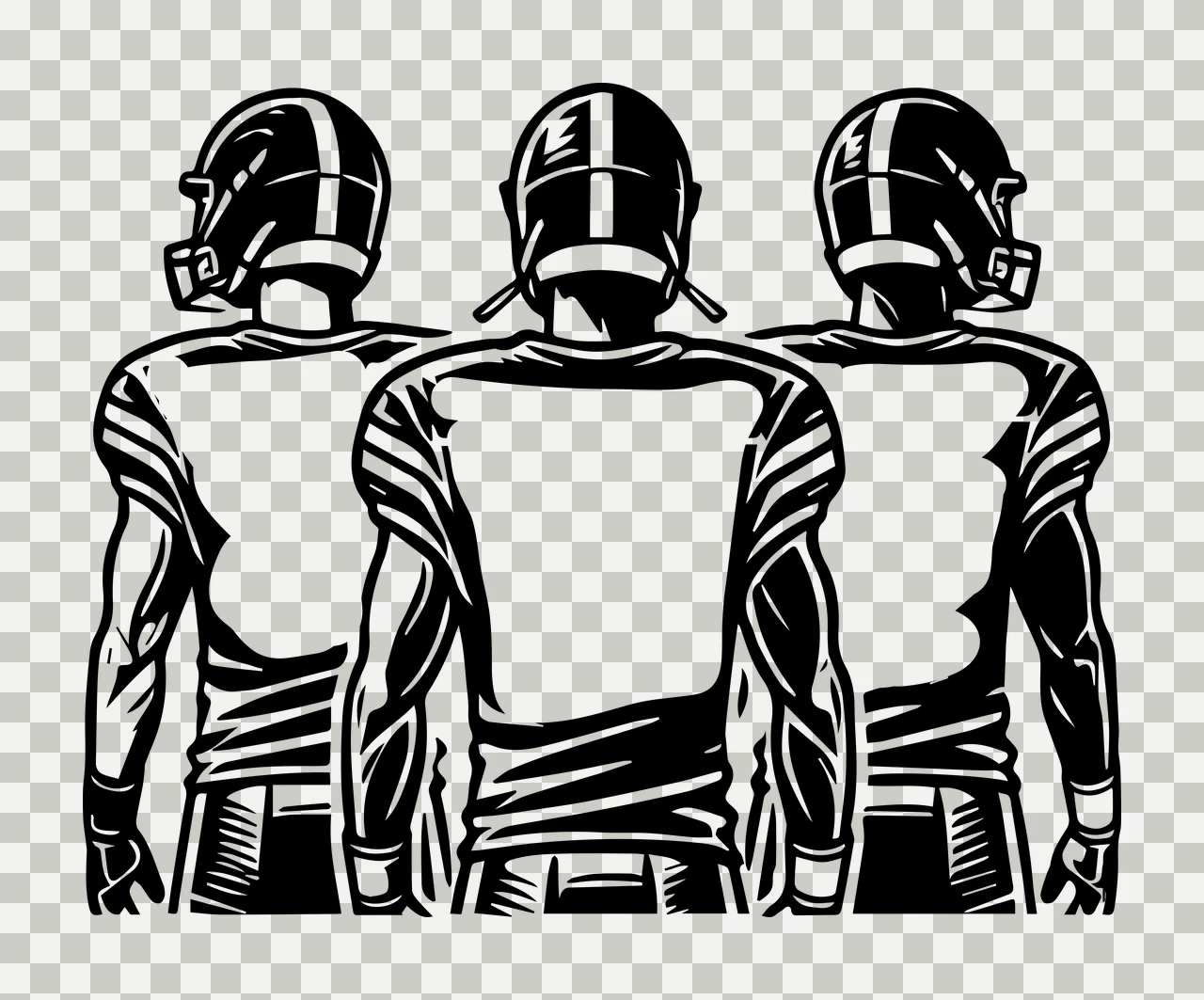 Three Players Football In Row From Behind standing helmets transparency and detail preview thumbnail