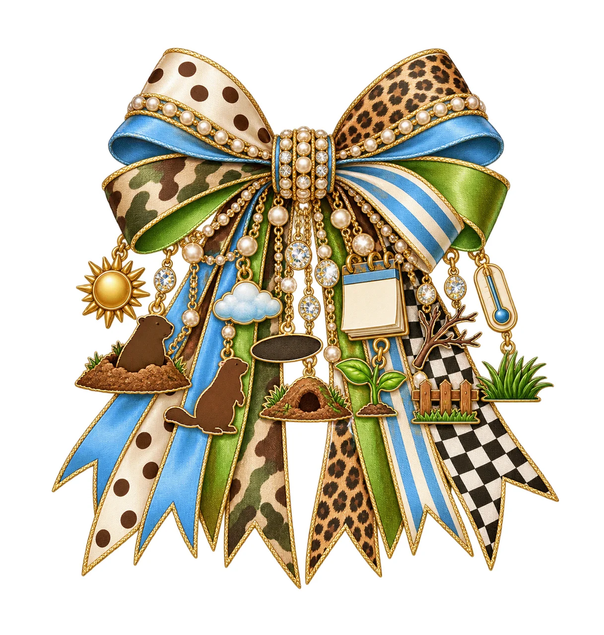 Groundhog Day Bow Charm PNG, Themed Gold Chain Charms, Coquette Ribbon Sublimation Design, Transparent Digital Download