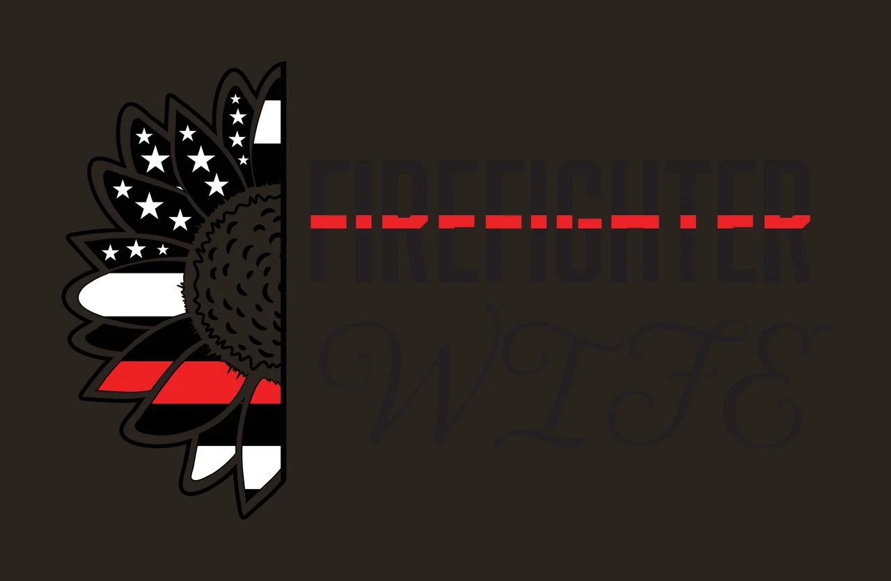 FIREFIGHTER WIFE Typography Design with half sunflower, thin red line, American flag pattern and stars in black and white contrast preview thumbnail