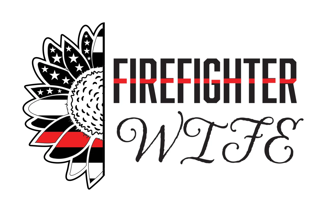 FIREFIGHTER WIFE Typography Design with half sunflower, thin red line, American flag pattern and stars in black and white
