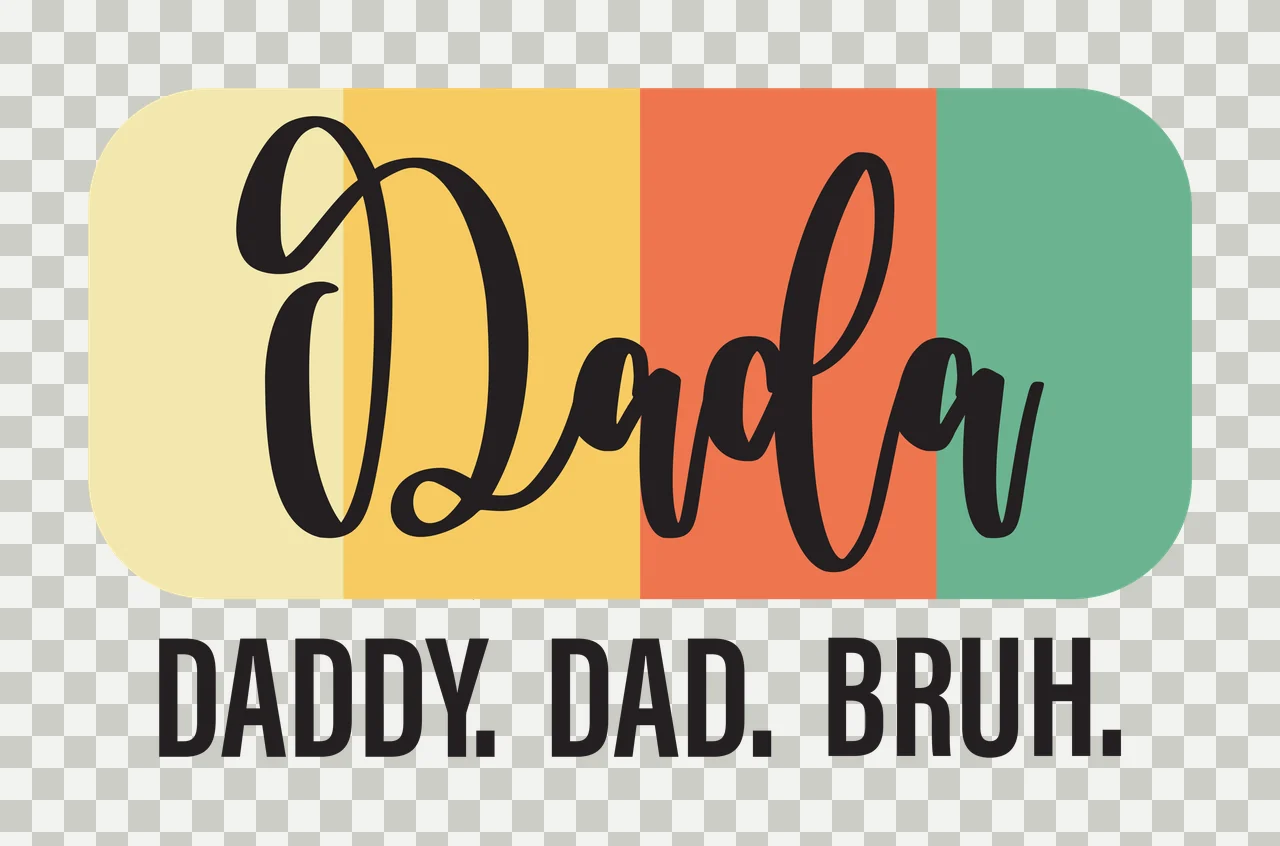 Dada DADDY. DAD. BRUH. Typography Design with rounded rectangle, vertical stripes, script text and block lettering in black, yellow and orange transparency and detail preview thumbnail