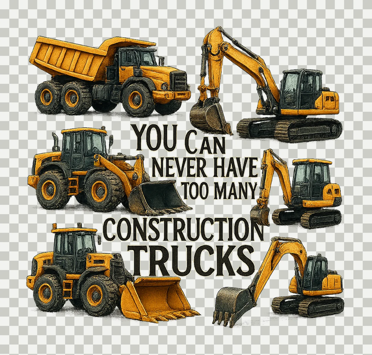 Too Many Construction Trucks Excavator Crane Dump Truck transparency and detail preview thumbnail