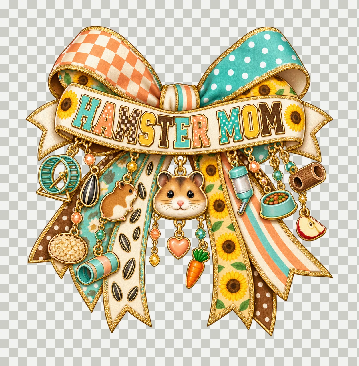 Hamster Mom Bow Charm PNG, Patterned Varsity Mom Ribbon Clipart, Transparent Sublimation Digital Download transparency and detail preview thumbnail