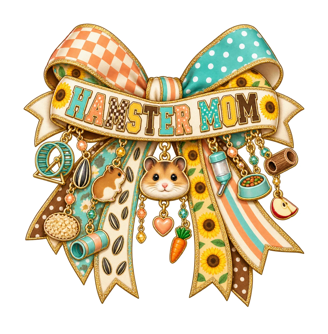 Hamster Mom Bow Charm PNG, Patterned Varsity Mom Ribbon Clipart, Transparent Sublimation Digital Download