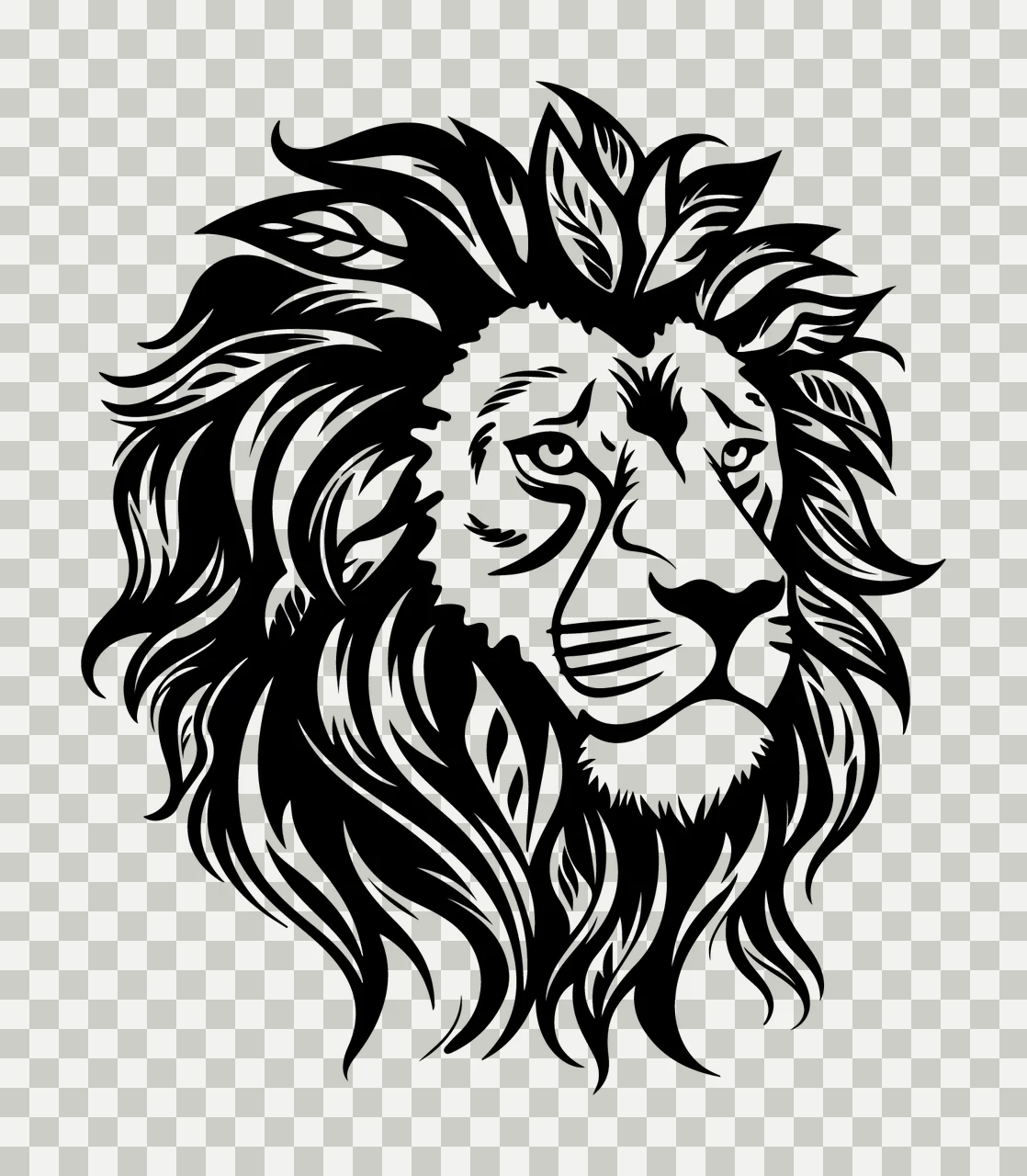 Lion Head With Leafy Mane leaves black white nature 11 F16 face transparency and detail preview thumbnail