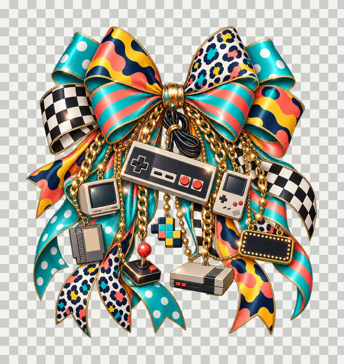 Gamer Retro Wired Controller Bow Charm PNG, Gold Chain Charms, Transparent Sublimation Design, Digital Download transparency and detail preview thumbnail