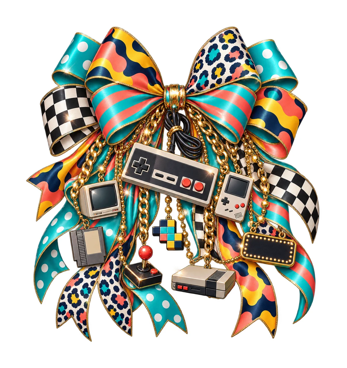 Gamer Retro Wired Controller Bow Charm PNG, Gold Chain Charms, Transparent Sublimation Design, Digital Download