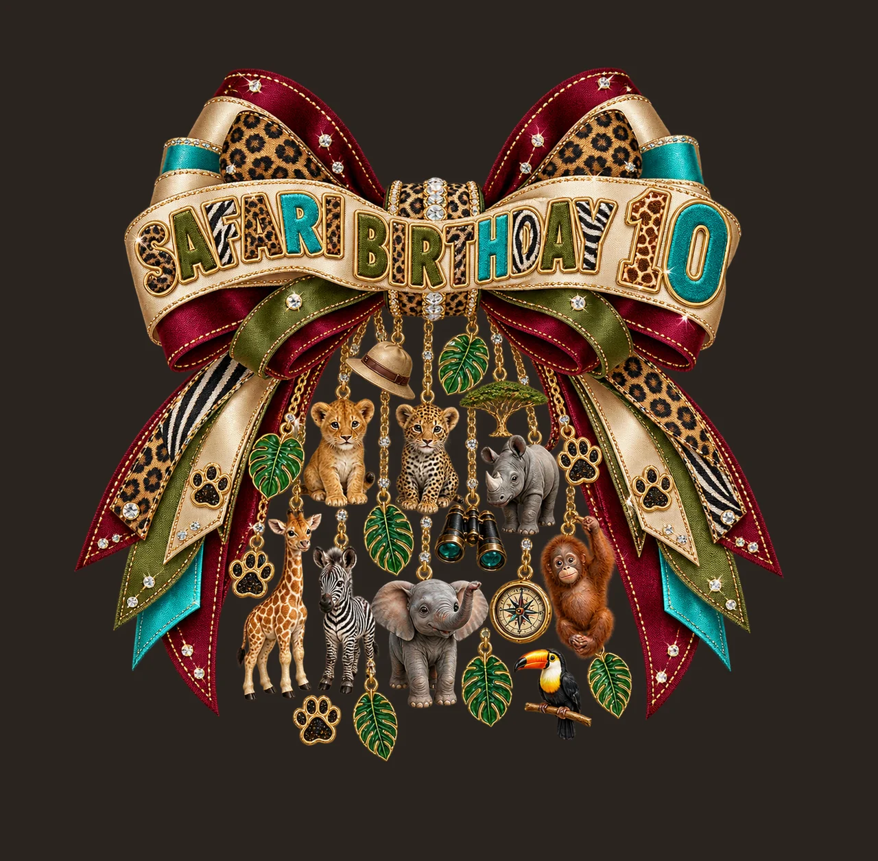 Safari Birthday 10 Bow Charm PNG, Jungle Animal Birthday Clipart, Transparent Sublimation Digital Download contrast preview thumbnail